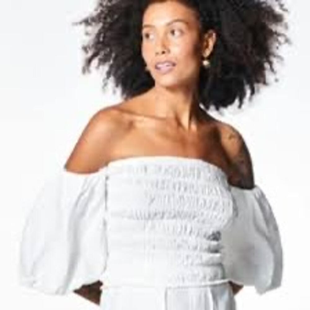 NWT Young Fabulous & Broke Yacht Top Off Shoulder Smocked Puff Sleeve Bone M - Picture 7 of 8